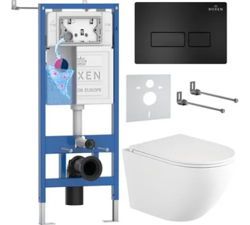 Унитаз подвесной Roxen Antares Tornado Long в комплекте с инсталляцией StounFix Dual Fresh 6 в 1 868413 кнопка: черный матовая