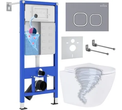 Унитаз подвесной Roxen Antares Tornado Long в комплекте с инсталляцией StounFix Dual Fresh 6 в 1 868438 кнопка: серый бетон матовая