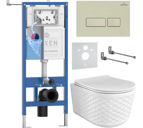 Унитаз подвесной Roxen Vine Tornado в комплекте с инсталляцией StounFix Dual Fresh 6 в 1 979004 кнопка: бежевый