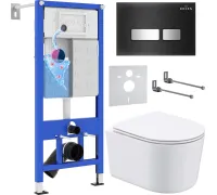 Унитаз подвесной Roxen Simple Compact в комплекте с инсталляцией StounFix Dual Fresh 6 в 1 965318 кнопка: черное стекло