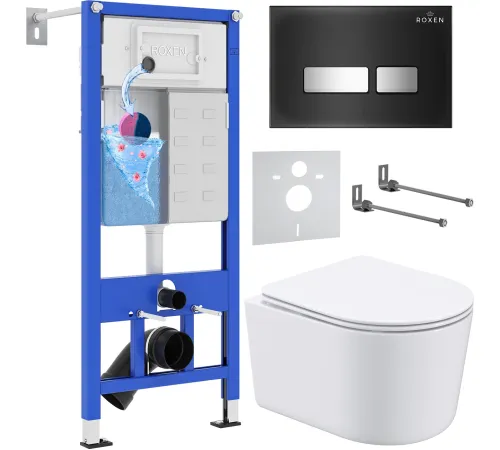 Унитаз подвесной Roxen Simple Compact в комплекте с инсталляцией StounFix Dual Fresh 6 в 1 965318 кнопка: черное стекло