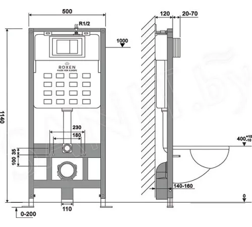 Унитаз подвесной Roxen Antares 530185-01 в комплекте с инсталляцией StounFix Dual Fresh 6 в 1 966181 кнопка: бежевый