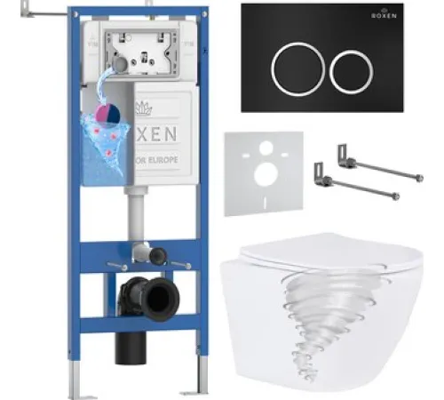 Унитаз подвесной Roxen Antares Tornado Long в комплекте с инсталляцией StounFix Dual Fresh 6 в 1 868424 кнопка: черный матовая