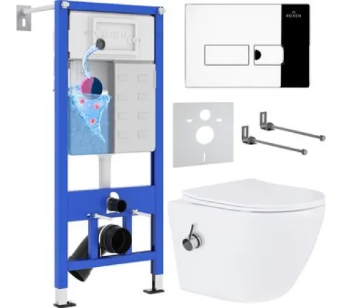 Унитаз подвесной Roxen Antares Bidet в комплекте с инсталляцией StounFix Dual Fresh 6 в 1 958812 кнопка: хром глянец