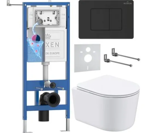 Унитаз подвесной Roxen Simple Compact в комплекте с инсталляцией StounFix Dual Fresh 6 в 1 868492 кнопка: черный матовая