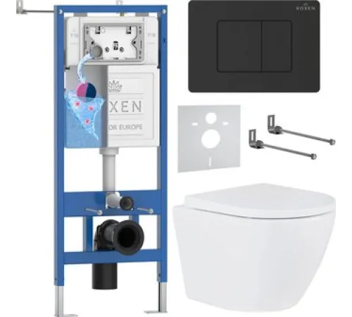 Унитаз подвесной Roxen Antares Tornado в комплекте с инсталляцией StounFix Dual Fresh 6 в 1 868509 кнопка: черный матовая