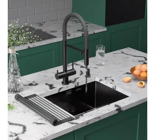 Кухонная мойка Roxen Uno 560210-54B-V графит/текстурная PVD покрытие с ролл-матом и дозатором