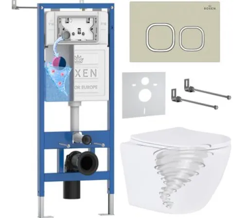 Унитаз подвесной Roxen Antares Tornado Long в комплекте с инсталляцией StounFix Dual Fresh 6 в 1 868436 кнопка: пастель бежевый матовая