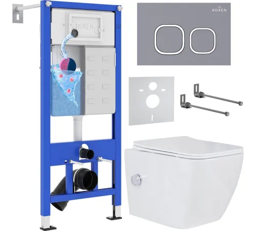 Унитаз подвесной Roxen Cube bidet в комплекте с инсталляцией StounFix Dual Fresh 6 в 1 966426 кнопка: серый бетон