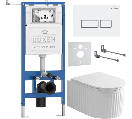 Унитаз подвесной Roxen Royal Matt в комплекте с инсталляцией StounFix Dual Fresh 6 в 1 968203 кнопка: белый