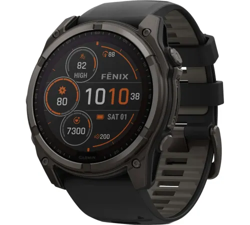 Умные часы Garmin Fenix 8 Solar, Sapphire 51мм титановый угольно-серый с DLC-покрытием и черным ремешком