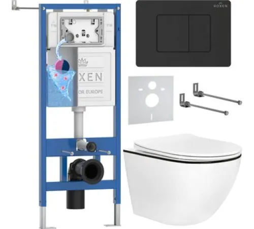 Унитаз подвесной Roxen Antares Black в комплекте с инсталляцией StounFix Dual Fresh 6 в 1 868511 кнопка: черный матовая