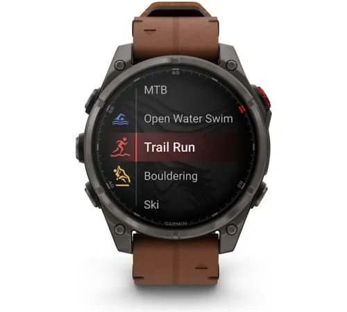 Умные часы Garmin Fenix 8 Pro 47 мм карбоновый серый, коричневый кожаный ремешок