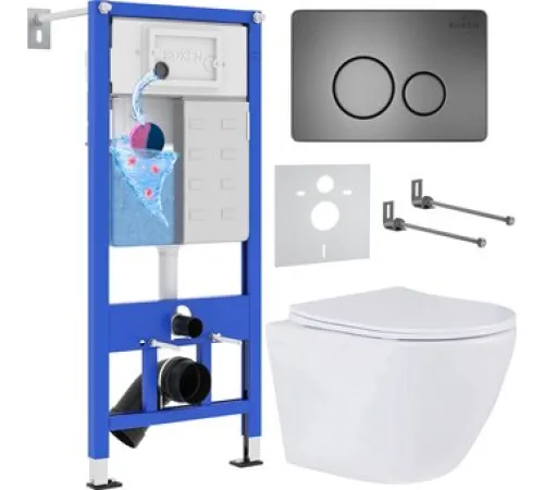 Унитаз подвесной Roxen Antares One Rimless 6 в 1 StounFix Dual Fresh 624013 оружейная сталь/металл