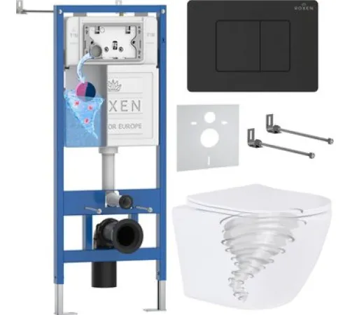 Унитаз подвесной Roxen Antares Tornado в комплекте с инсталляцией StounFix Dual Fresh 6 в 1 868510 кнопка: черный матовая