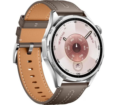 Умные часы Huawei Watch GT 6 46 мм серебристый, с коричневым кожаным ремешком, международная версия