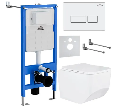 Унитаз подвесной Roxen Boro в комплекте с инсталляцией StounFix Dual Fresh 6 в 1 577353 кнопка: белый глянец