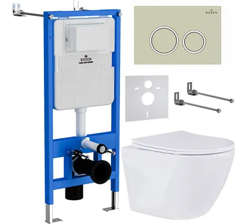 Унитаз подвесной Roxen Antares 530185-01 в комплекте с инсталляцией StounFix Dual Fresh 6 в 1 966181 кнопка: бежевый