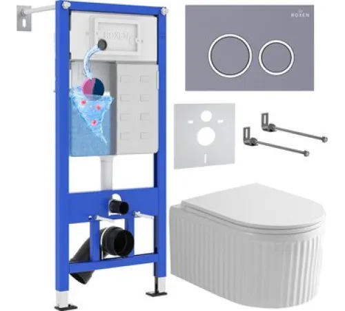 Унитаз подвесной Roxen Royal Matt в комплекте с инсталляцией StounFix Dual Fresh 6 в 1 968253 кнопка: серый бетон