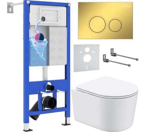 Унитаз подвесной Roxen Simple compact в комплекте с инсталляцией StounFix Dual Fresh 6 в 1 968026 кнопка: золото глянцевое