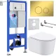 Унитаз подвесной Roxen Simple compact в комплекте с инсталляцией StounFix Dual Fresh 6 в 1 968026 кнопка: золото глянцевое