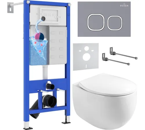 Унитаз подвесной Roxen Egg в комплекте с инсталляцией StounFix Dual Fresh 6 в 1 966436 кнопка: серый бетон