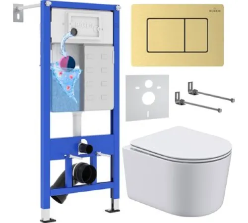 Унитаз подвесной Roxen Simple compact в комплекте с инсталляцией StounFix Dual Fresh 6 в 1 968480 кнопка: брашированное золото