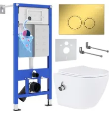 Унитаз подвесной Roxen Antares bidet в комплекте с инсталляцией StounFix Dual Fresh 6 в 1 968097 кнопка: золото глянцевое