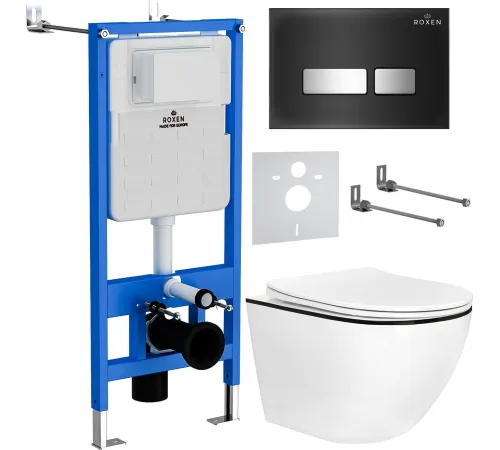 Унитаз подвесной Roxen Antares Black в комплекте с инсталляцией StounFix Dual Fresh 6 в 1 964974 кнопка: черное стекло