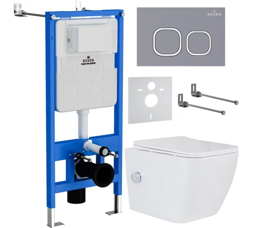 Унитаз подвесной Roxen Cube bidet в комплекте с инсталляцией StounFix Dual Fresh 6 в 1 966426 кнопка: серый бетон