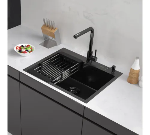 Кухонная мойка ARFEKA ECO AR мойка 600*500, коландер, дозатор BLACK DECOR VOLCANIC ROCK