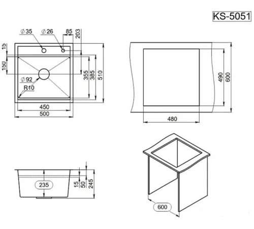 Кухонная мойка Granula KS-5051 черный матовый