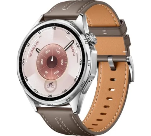 Умные часы Huawei Watch GT 6 46 мм серебристый, с коричневым кожаным ремешком, международная версия