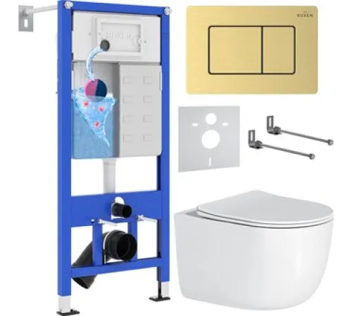 Унитаз подвесной Roxen Vortex в комплекте с инсталляцией StounFix Dual Fresh 6 в 1 968483 кнопка: брашированное золото