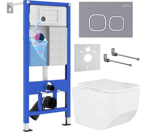 Унитаз подвесной Roxen Boro в комплекте с инсталляцией StounFix Dual Fresh 6 в 1 966418 кнопка: серый бетон