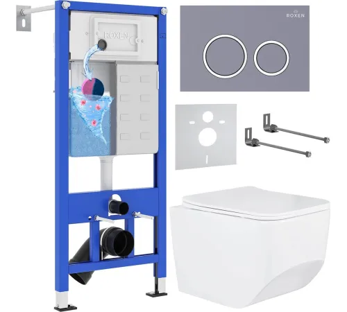 Унитаз подвесной Roxen Boro в комплекте с инсталляцией StounFix Dual Fresh 6 в 1 966110 кнопка: серый бетон