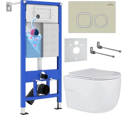 Унитаз подвесной Roxen Porto в комплекте с инсталляцией StounFix Dual Fresh 6 в 1 966529 кнопка: бежевый