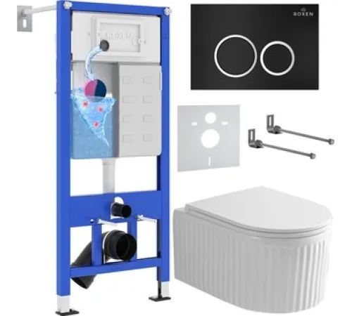 Унитаз подвесной Roxen Royal Matt в комплекте с инсталляцией StounFix Dual Fresh 6 в 1 968231 кнопка: черный