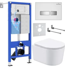 Унитаз подвесной Roxen Simple Compact в комплекте с инсталляцией StounFix Dual Fresh 6 в 1 964407 кнопка: белое стекло