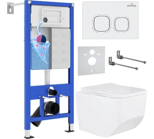 Унитаз подвесной Roxen Boro в комплекте с инсталляцией StounFix Dual Fresh 6 в 1 540025 кнопка: белый глянец