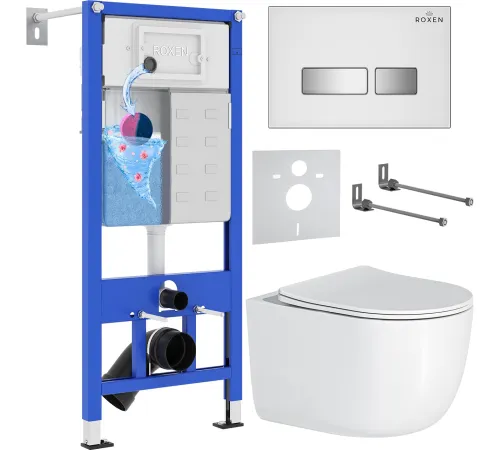 Унитаз подвесной Roxen Vortex Tornado в комплекте с инсталляцией StounFix Dual Fresh 6 в 1 964605 кнопка: белое стекло