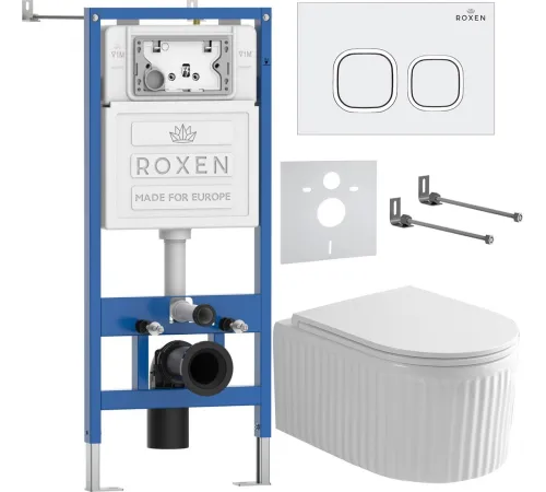 Унитаз подвесной Roxen Royal Matt в комплекте с инсталляцией StounFix Dual Fresh 6 в 1 968265 кнопка: белый