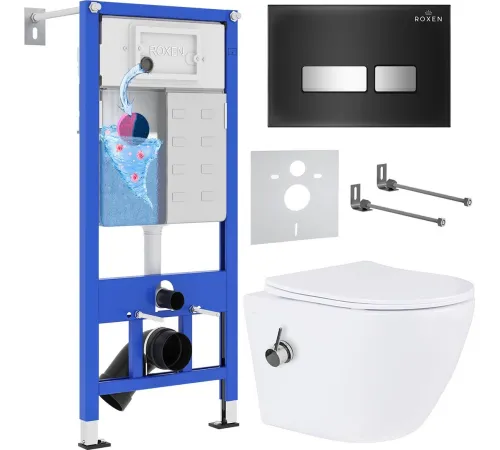 Унитаз подвесной Roxen Antares Bidet в комплекте с инсталляцией StounFix Dual Fresh 6 в 1 963184 кнопка: черное стекло