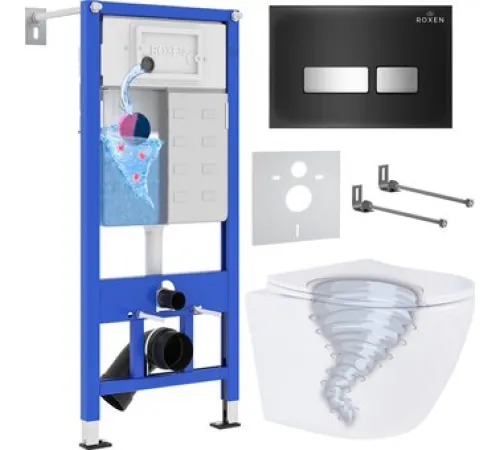 Унитаз подвесной Roxen Antares Tornado Long в комплекте с инсталляцией StounFix Dual Fresh 6 в 1 868448 кнопка: черный/хром глянцевая