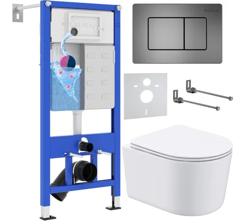 Унитаз подвесной Roxen Simple Compact в комплекте с инсталляцией StounFix Dual Fresh 6 в 1 954681 кнопка: оружейная сталь
