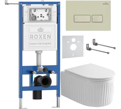 Унитаз подвесной Roxen Royal Matt в комплекте с инсталляцией StounFix Dual Fresh 6 в 1 968222 кнопка: пастель бежевый