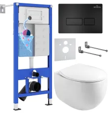 Унитаз подвесной Roxen Egg в комплекте с инсталляцией StounFix Dual Fresh 6 в 1 964195 кнопка: черный матовый