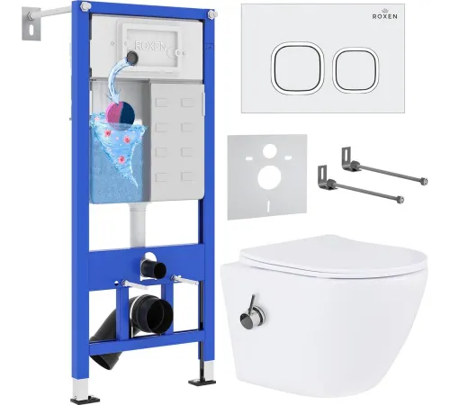 Унитаз подвесной Roxen Antares Bidet в комплекте с инсталляцией StounFix Dual Fresh 6 в 1 934445 кнопка: белый глянец