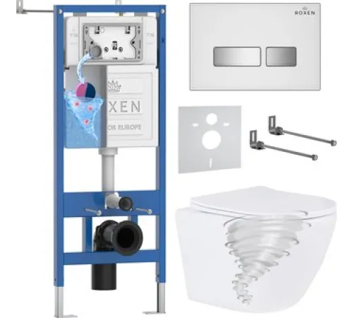 Унитаз подвесной Roxen Antares Tornado Long в комплекте с инсталляцией StounFix Dual Fresh 6 в 1 868446 кнопка: белый/хром глянцевая