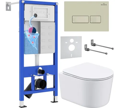 Унитаз подвесной Roxen Simple Compact в комплекте с инсталляцией StounFix Dual Fresh 6 в 1 966686 кнопка: бежевый